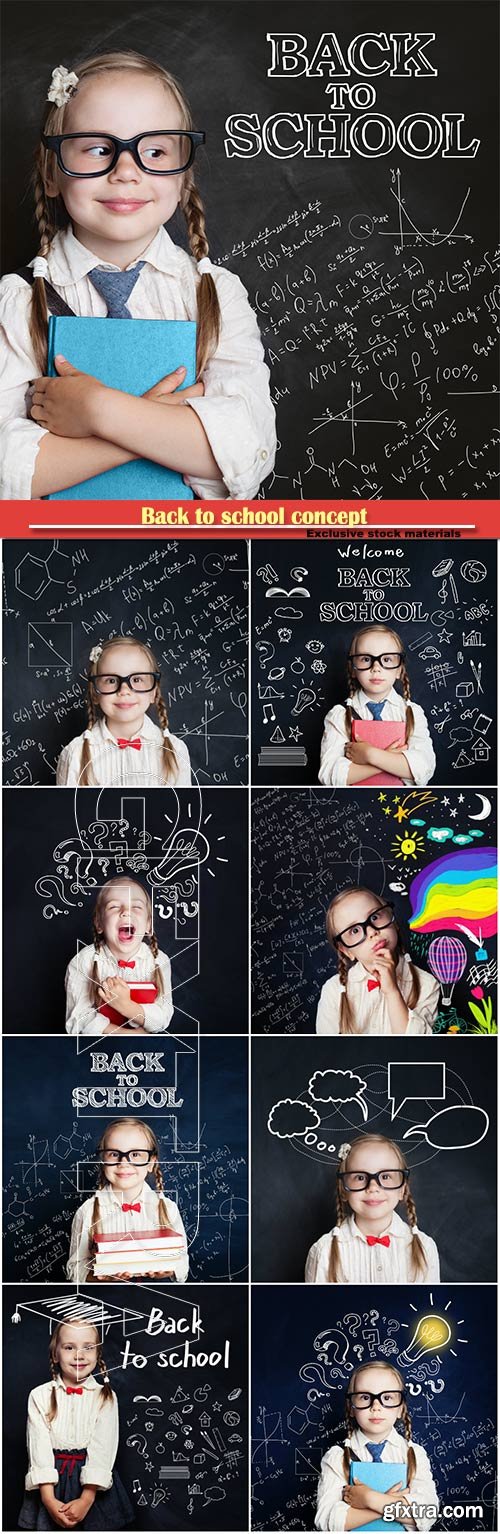 Back to school concept, little girl on chalk board background