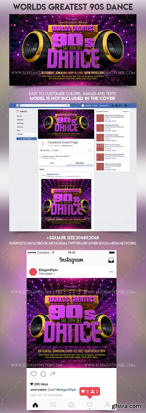 Worlds Greatest 90s Dance V1 2018 Facebook Event + Instagram template + Youtube Channel Banner