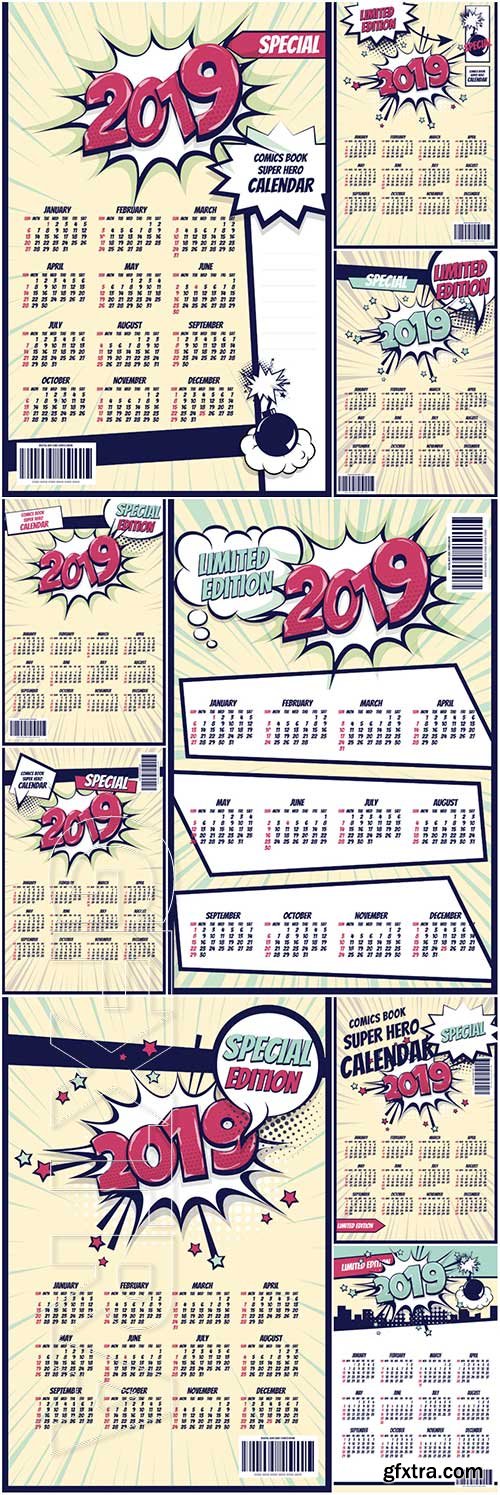 2019 retro comic book vector calendar