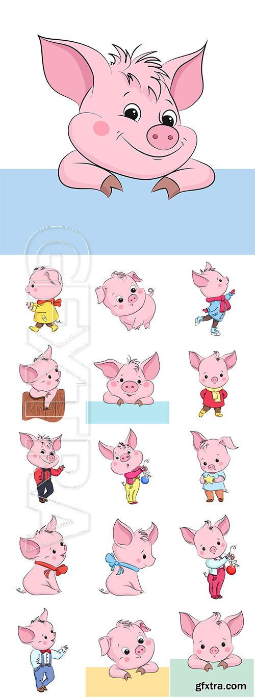 Cute little vector pig, cartoon vector character » GFxtra