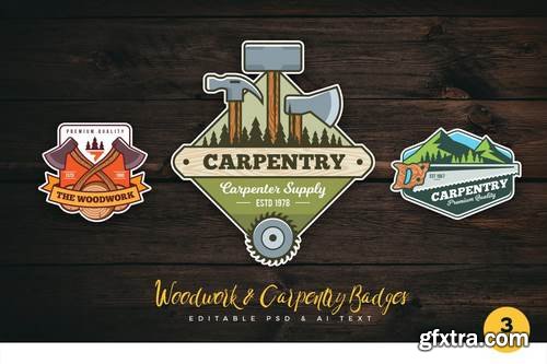 Woodwork & Carpentry PSD & AI Logo Badges Vol 1