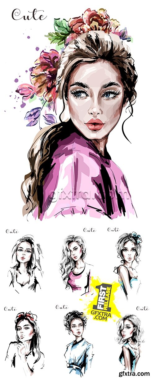 Portrait stylish beautiful girl sketch drawing