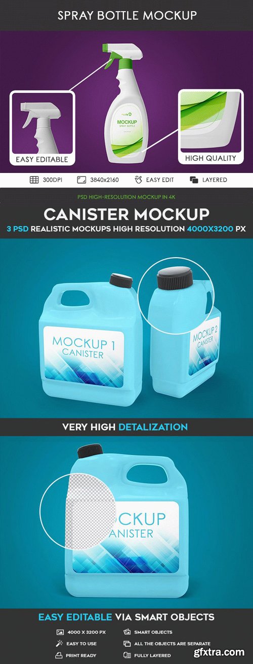 Spray Bottle & Canister PSD Mockups in 4k