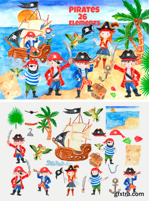 26 Pirate Themed Kids Clip-Art Elements