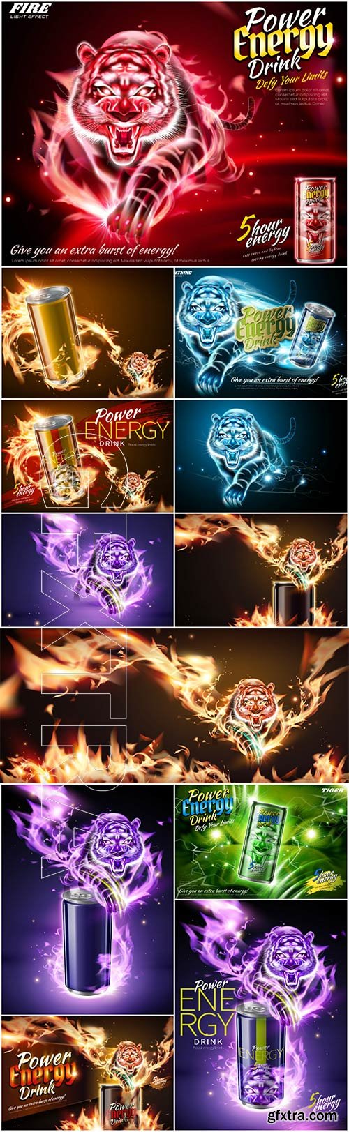 Power energy drink ads with flame tiger effect in 3d illustration