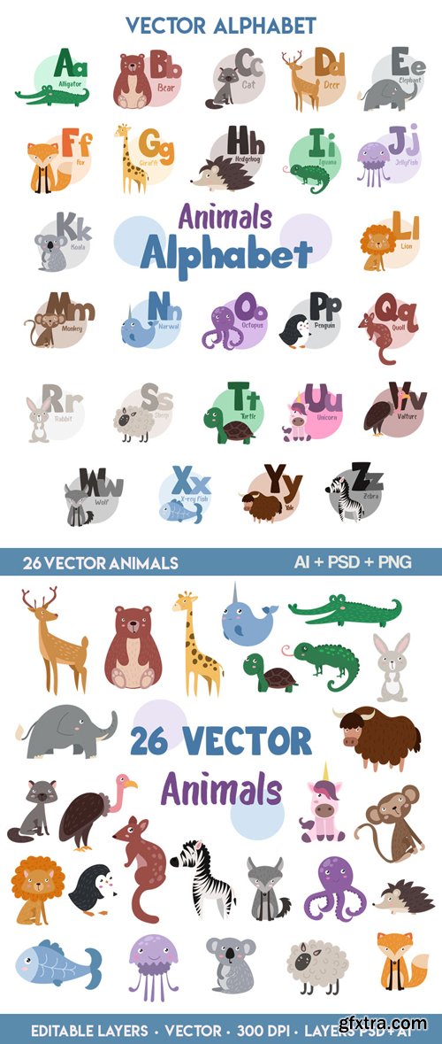 26 Vector Animals & Alphabet [Ai/PSD]