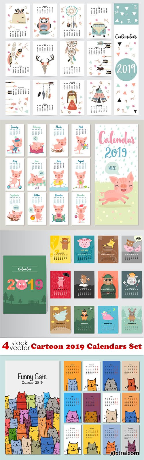 Vectors - Cartoon 2019 Calendars Set