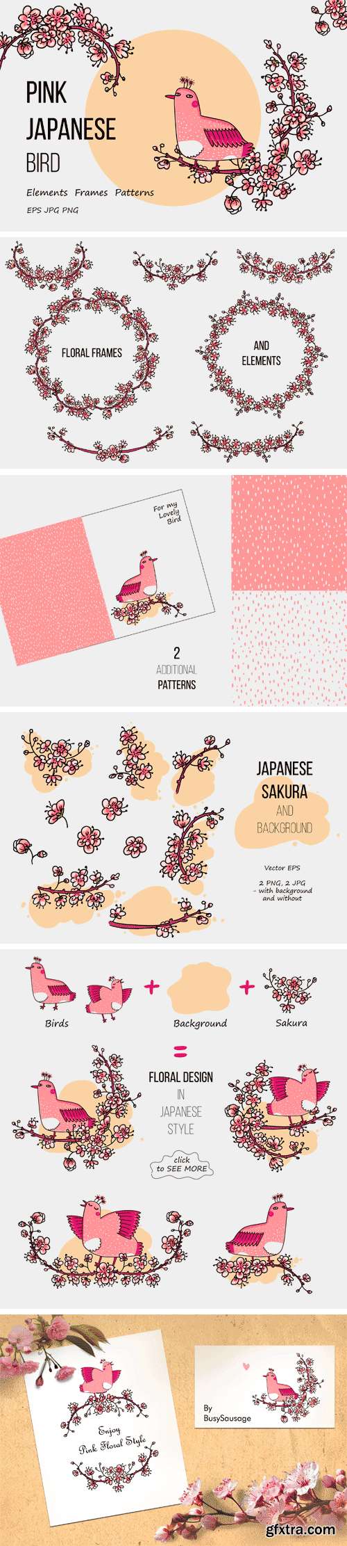 Designbundles - Pink Japanese Bird - Floral Set 137505