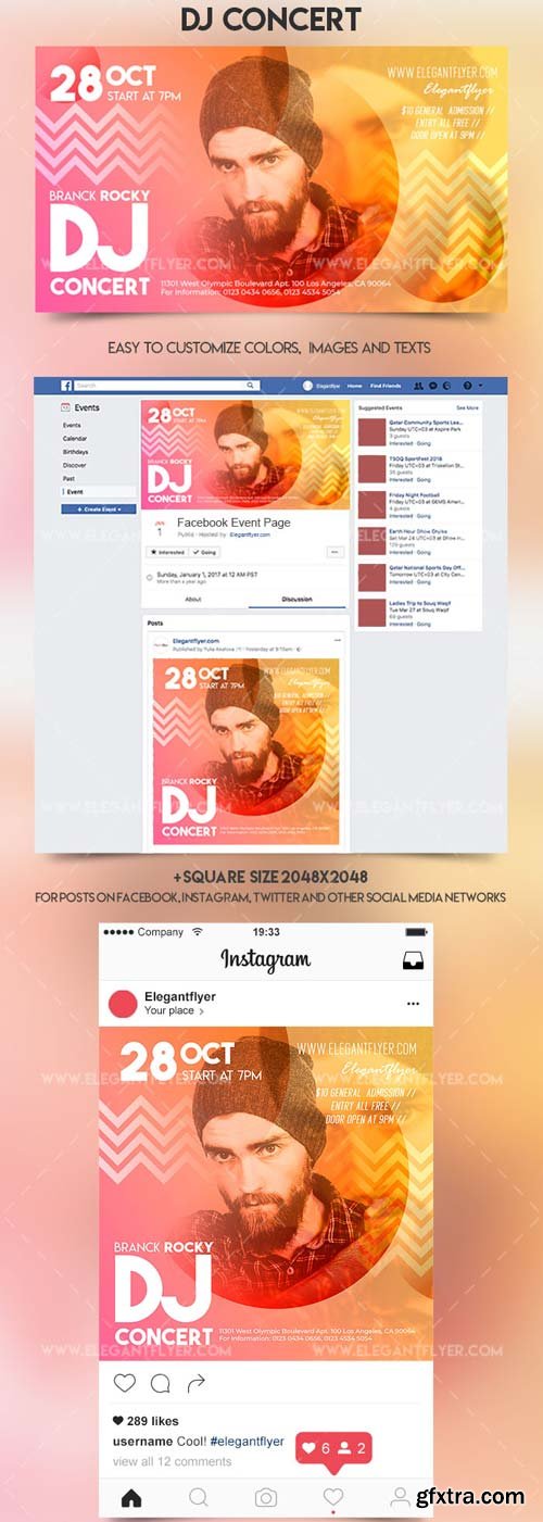 DJ Concert V8 2018 Facebook Event + Instagram template + Youtube Channel Banner