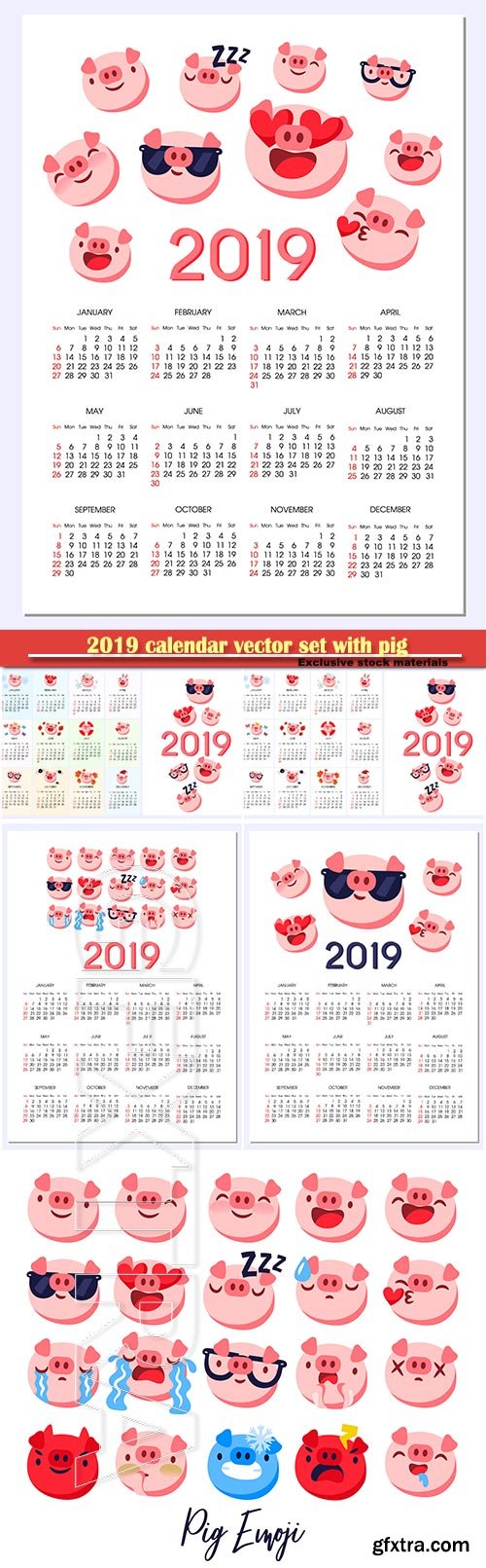 2019 calendar vector set with pig