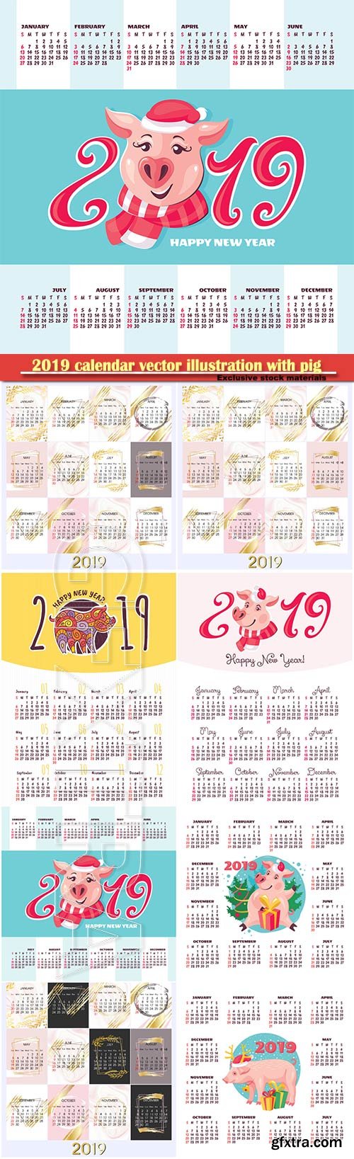 2019 calendar vector illustration with pig