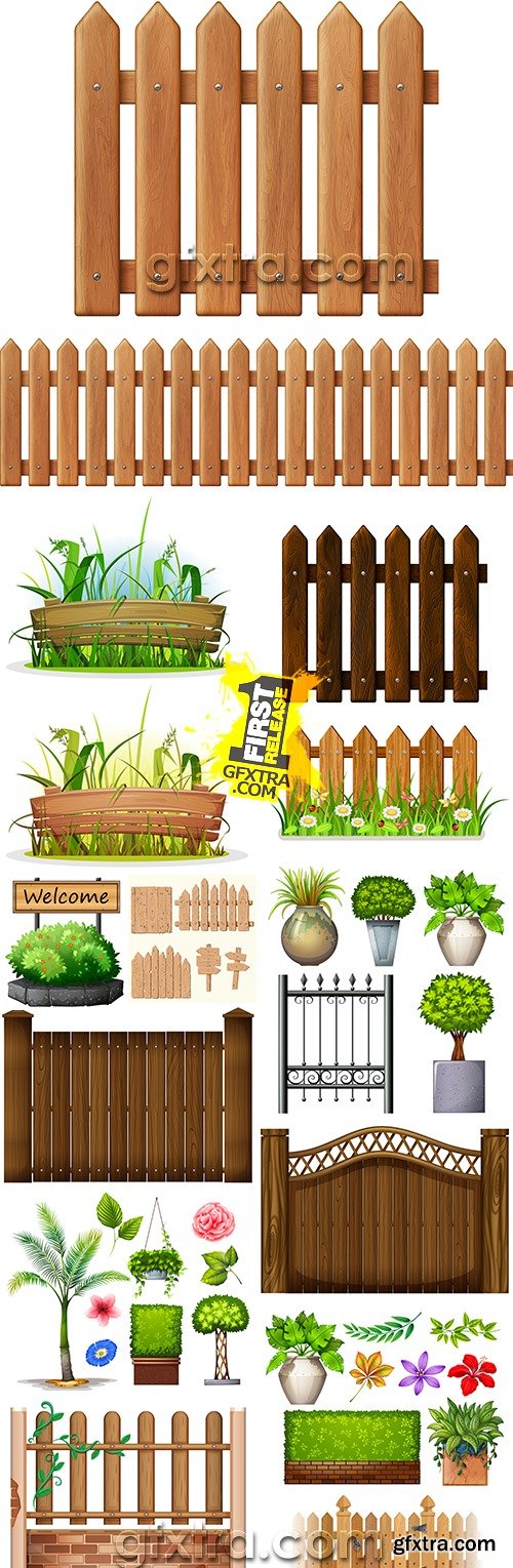 Decorative wooden gate garden bed and fence illustration