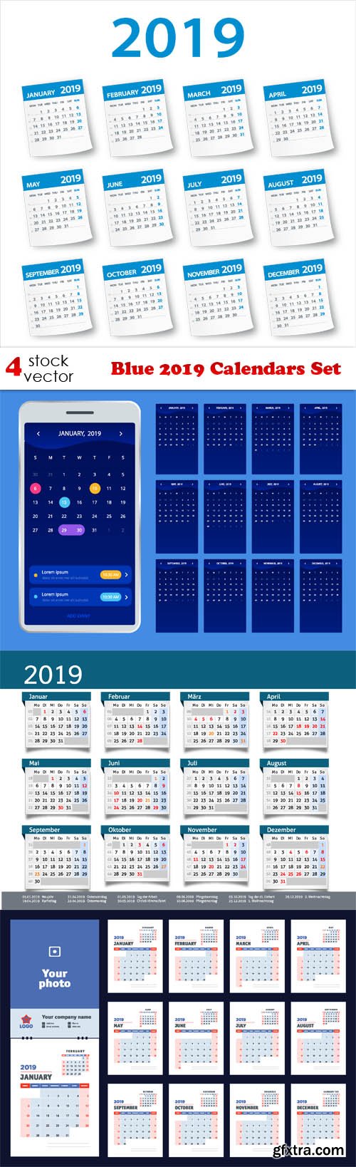 Vectors - Blue 2019 Calendars Set