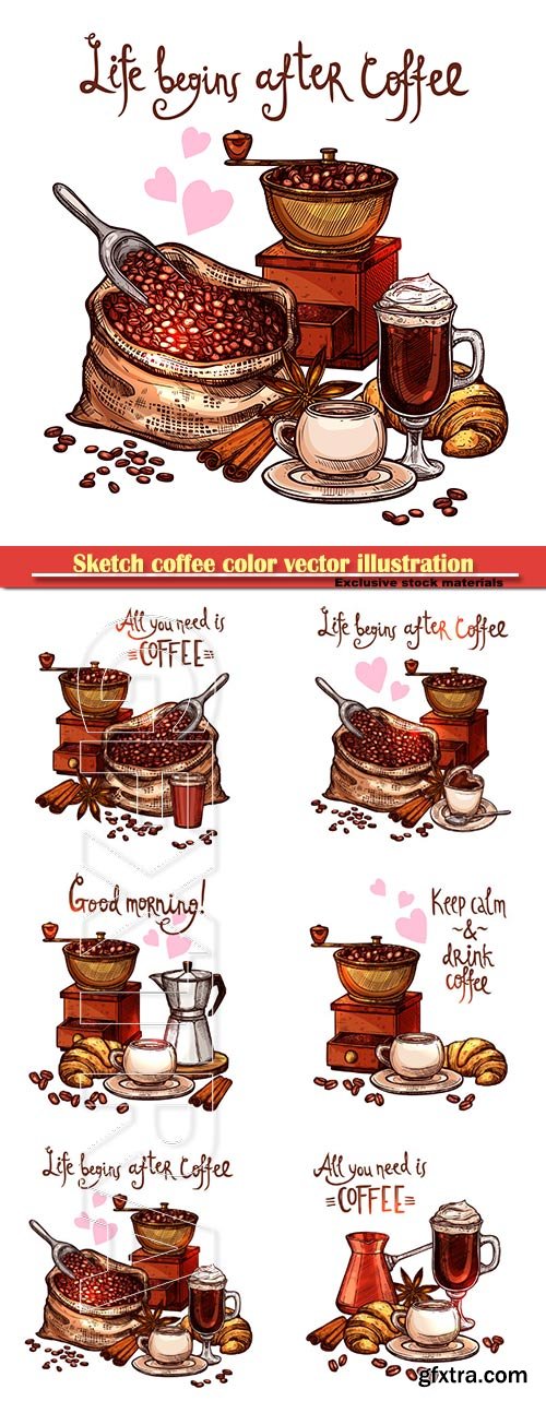 Sketch coffee color vector illustration