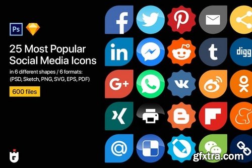 25 Most Popular Social Media Icons in 6 shapes