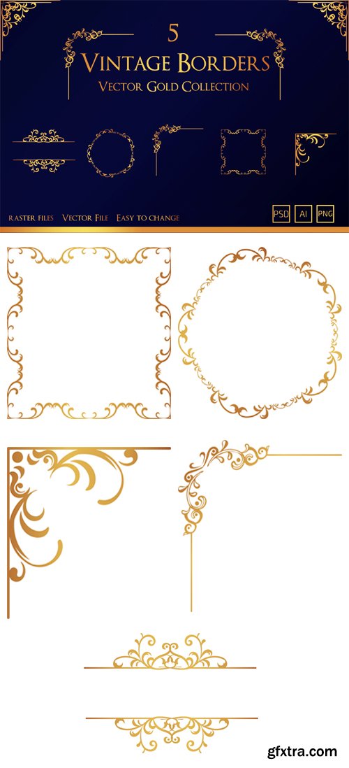 5 Vintage Borders - Vector Gold Collection [Ai/PSD/PNG]