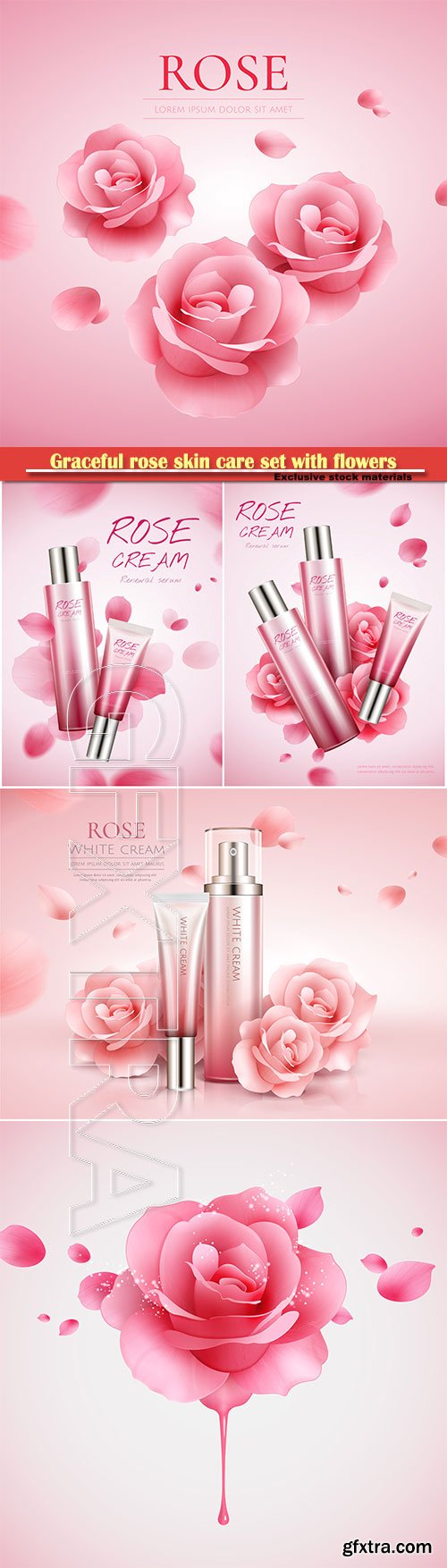 Graceful rose skin care set with flowers and flying petals in 3d illustration