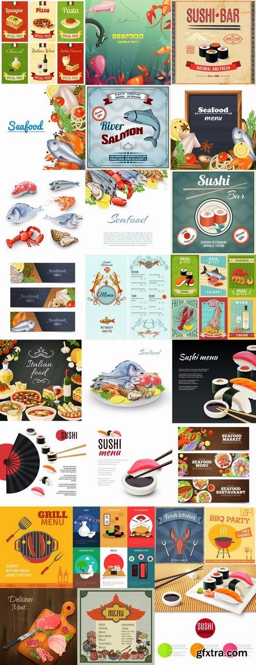 Sushi menu seafood fish crab lobster 25 EPS