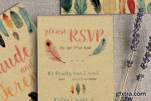 Watercolor Feather Wedding Invitation