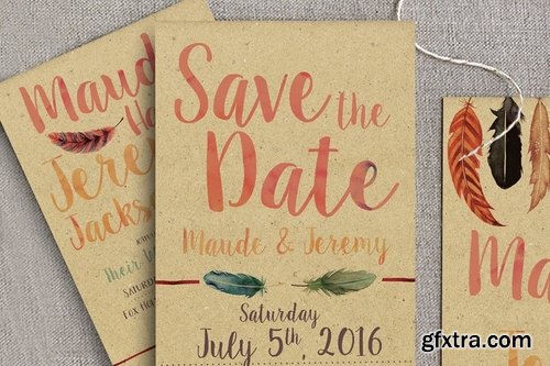 Watercolor Feather Wedding Invitation