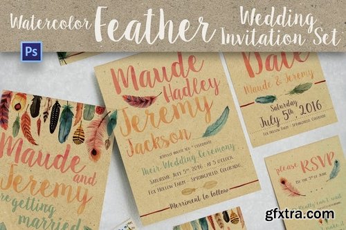 Watercolor Feather Wedding Invitation