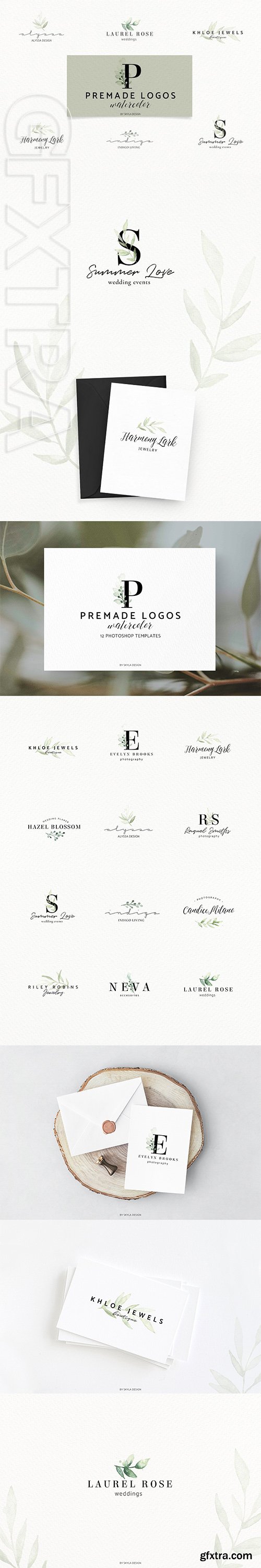 CreativeMarket - Premade Logos watercolor greenery 3056419