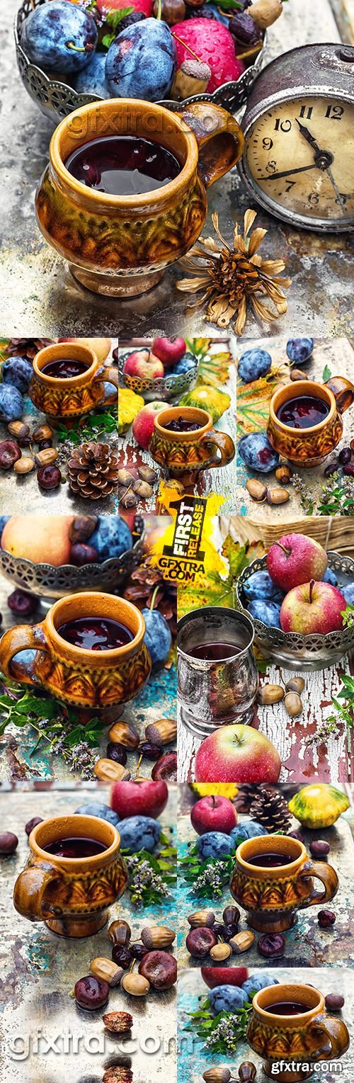 Autumn fragrant drink and fruit on wooden desktop