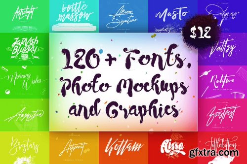 120+ Fonts, Photo Mockups and Graphics