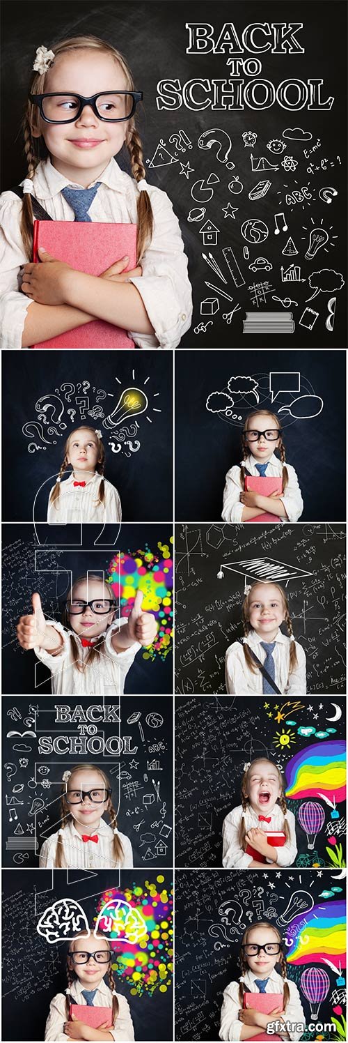 Happy schoolgirl student on blackboard background , back to school concept