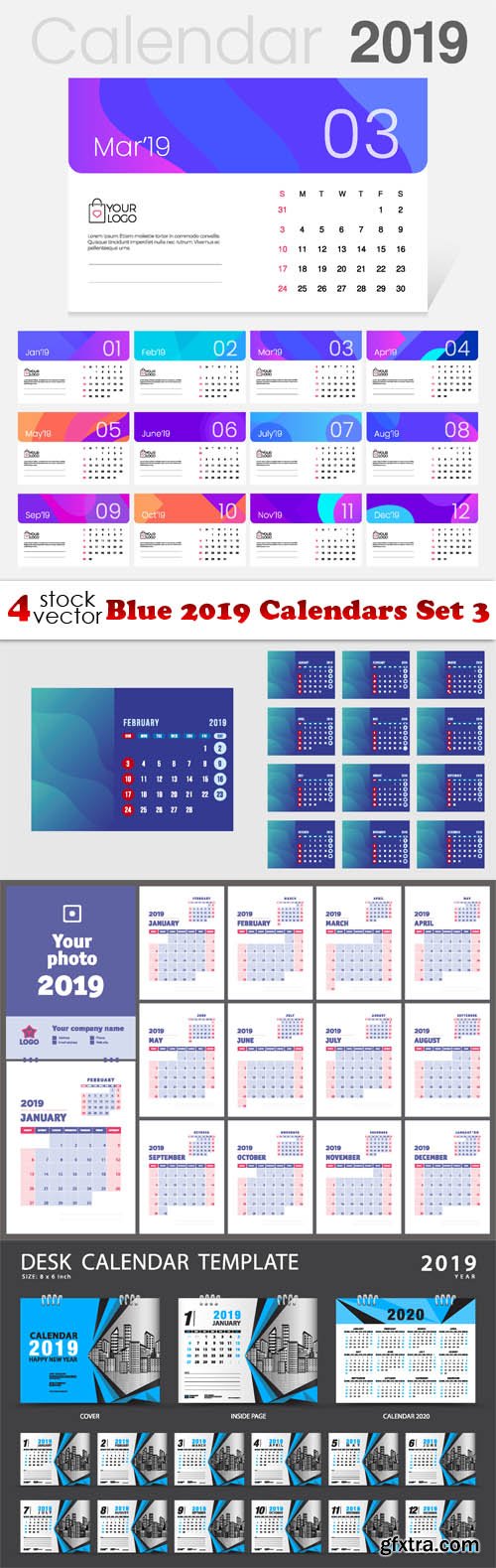 Vectors - Blue 2019 Calendars Set 3