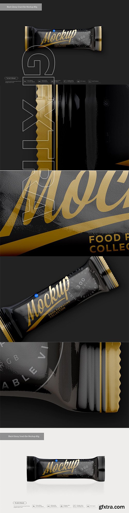 CreativeMarket - Black Glossy Snack Bar Mockup 80g 3078260