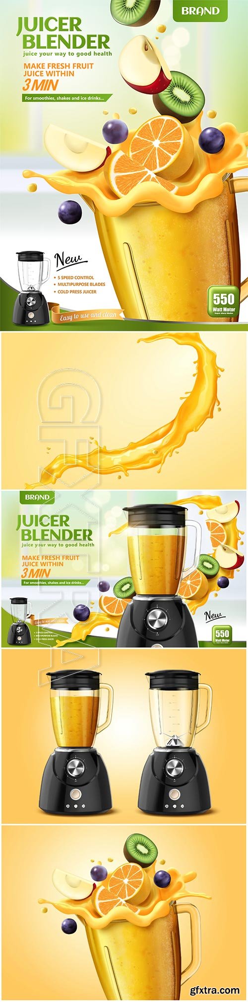 Juicer blender ads with fresh sliced fruits dropping in container, 3d vector illustration