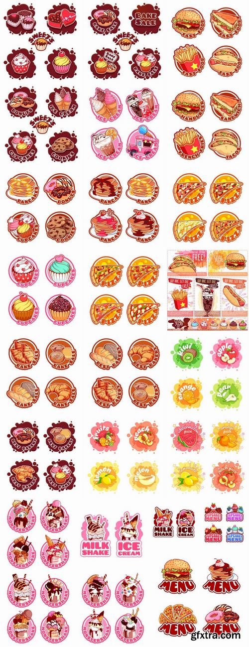 Menu food sticker sweet cake pizza burger fast food 25 EPS