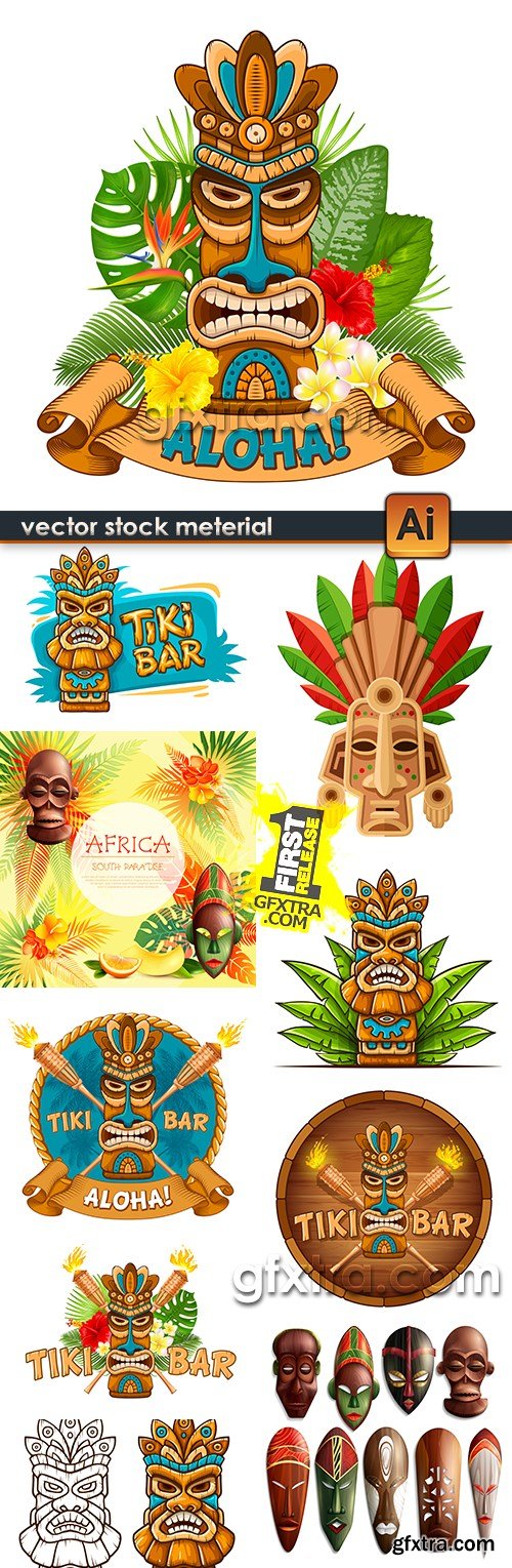 Hawaii tiki mask tropical illustration collection