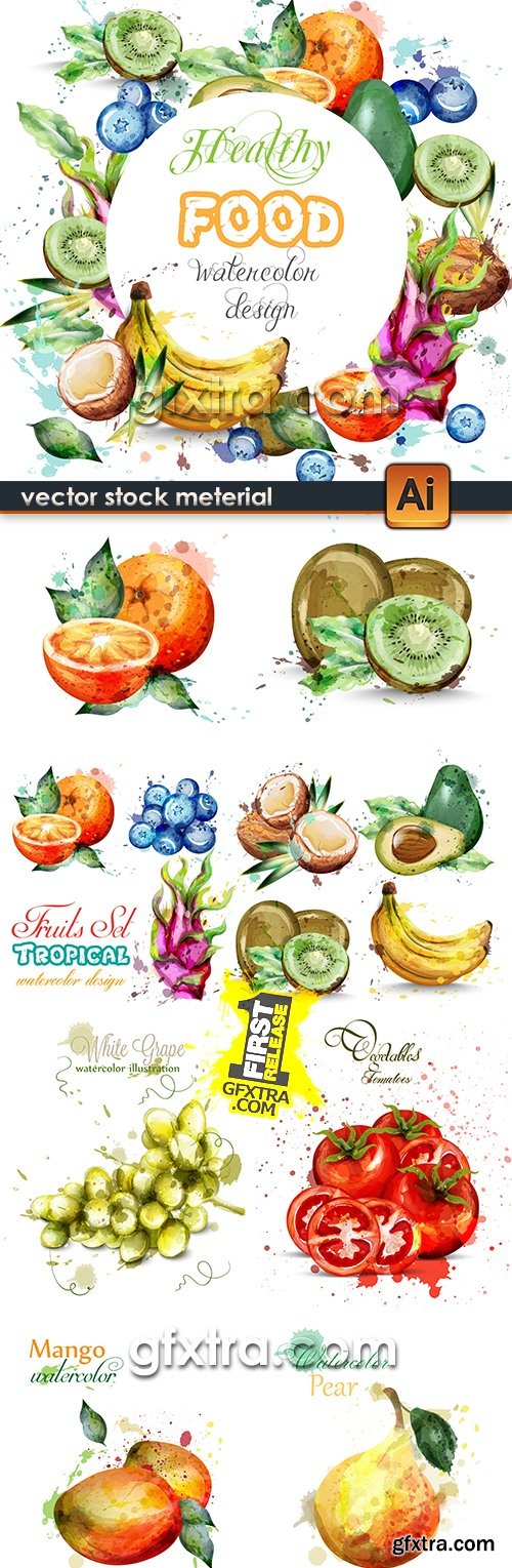 Watercolor realistic juicy fruit collection illustration