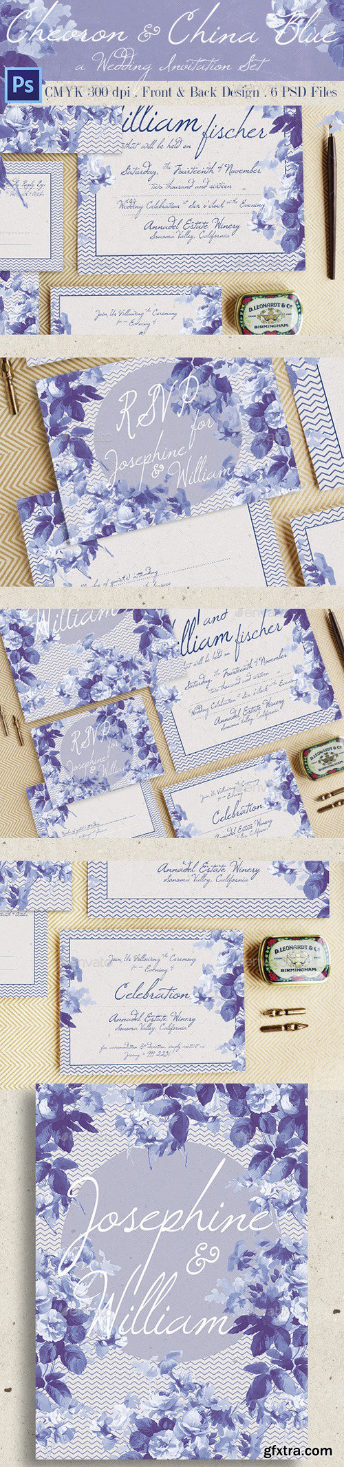 Graphicriver - Chevron & China Blue Wedding Invitation 12977830