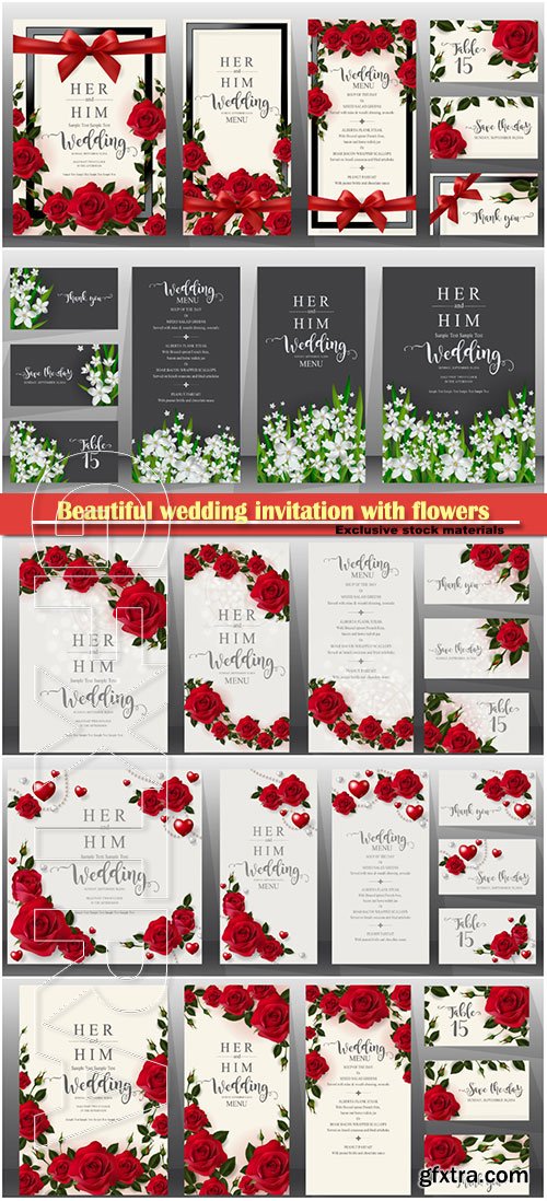 Beautiful wedding invitation with flowers in vector