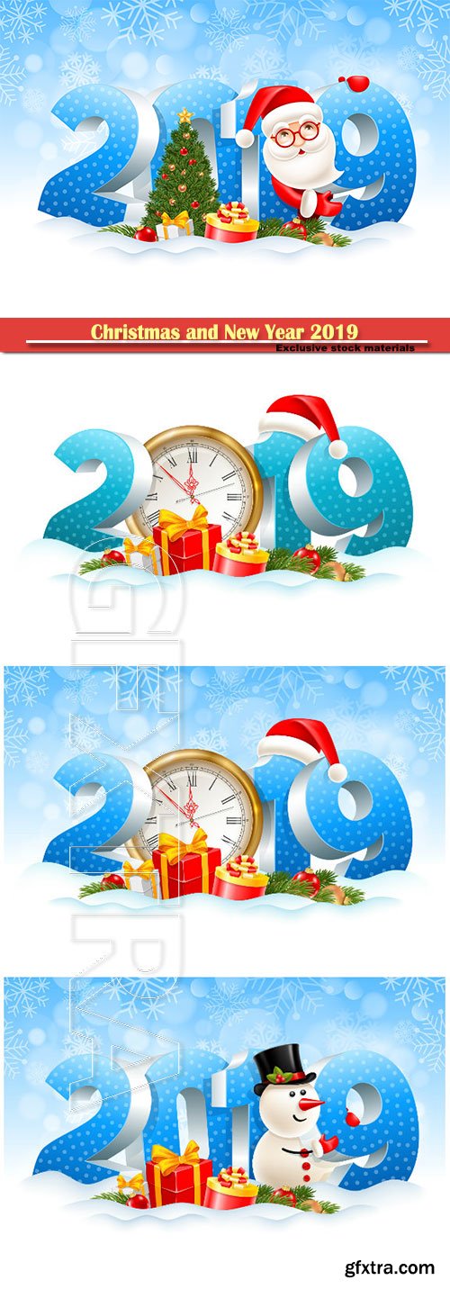 Christmas and New Year 2019 festive design vector illustration, Santa Claus, gifts, spruce branches, christmas toys