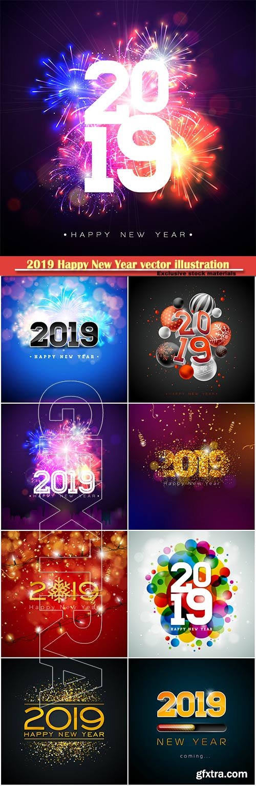 2019 Happy New Year vector illustration with 3d number, party invitation or calendar