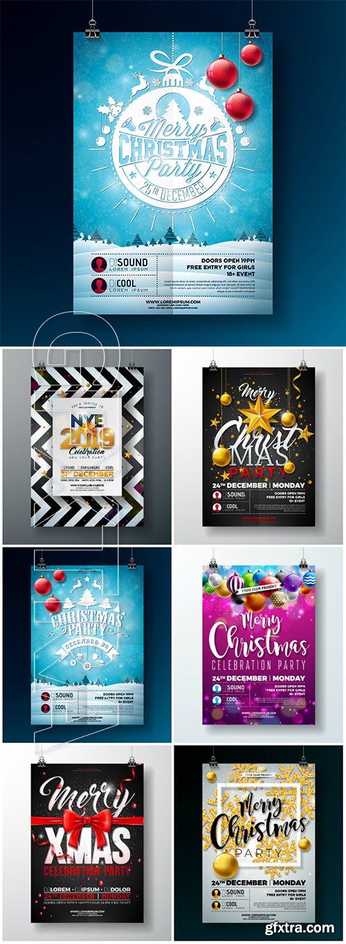 2019 Happy New Year vector illustration with typography lettering, holiday design party flyer