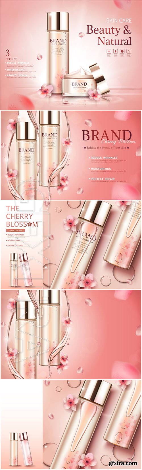 Cherry blossom skin care ads with swirl essence and petals in 3d vector illustration