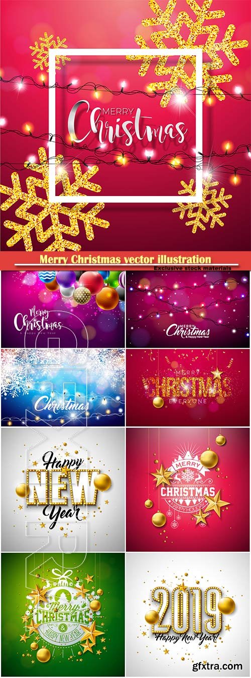 Merry Christmas vector illustration with shiny gold snowflakes