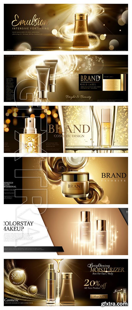 Skincare banner ads in golden color in 3d vector illustration