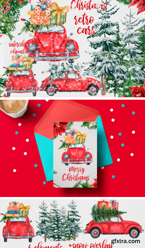 Creativefabrica - Watercolor Christmas Cars Clipart 655429