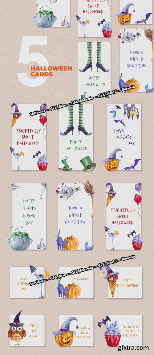 Set Of 11 Watercolor Halloween Cards [Ai/EPS]