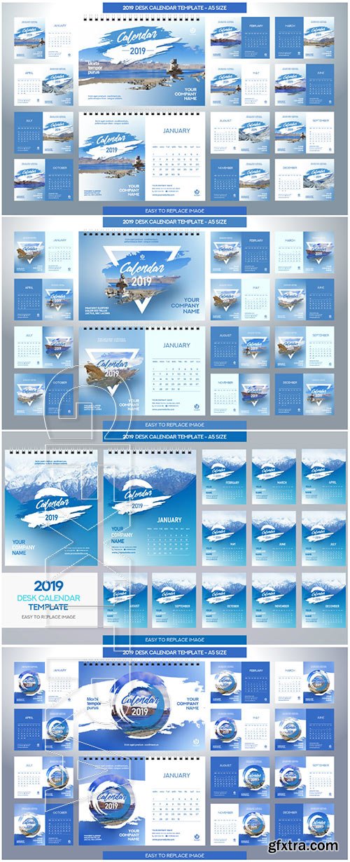 Desk Calendar 2019 vector template, 12 months included