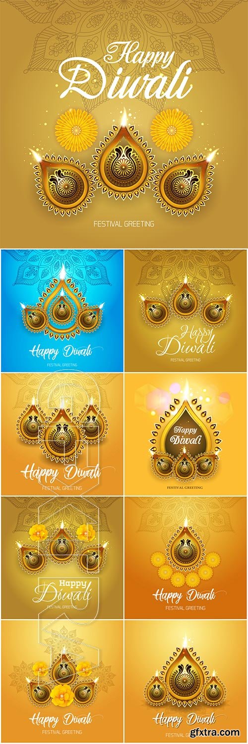 Happy Diwali colorful vector background with oil lamp