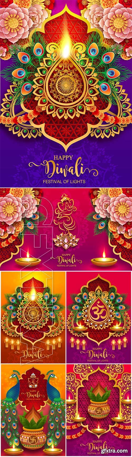 Happy Diwali festival vector card with gold diya patterned