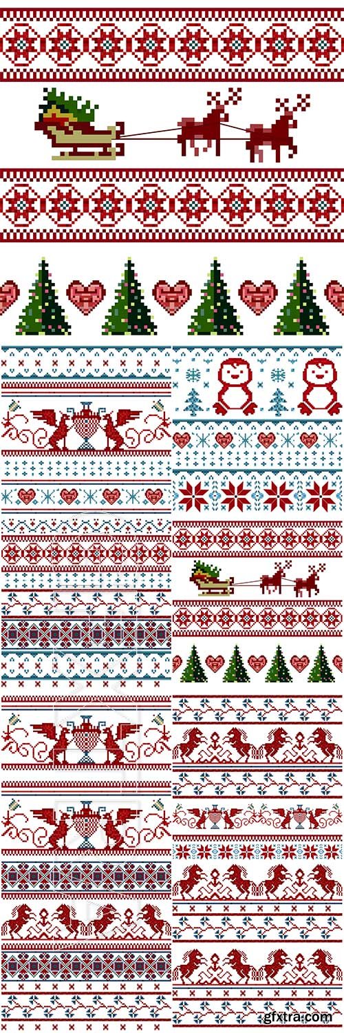 Knitted Christmas seamless pattern ornament with Santa Claus, Christmas tree, deer