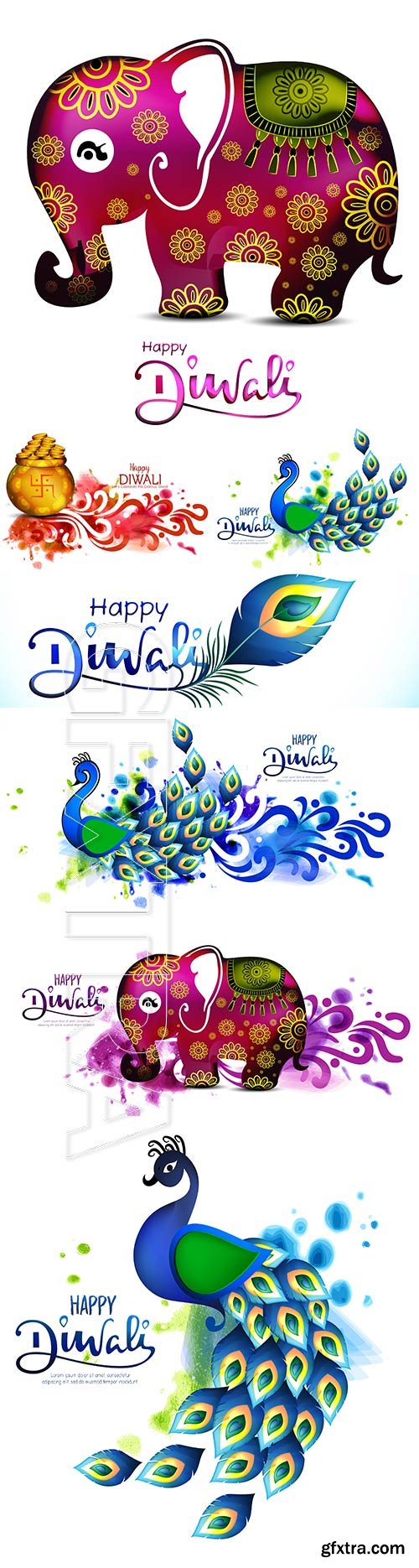 Diwali festival holiday design with peacock with beautiful elephant